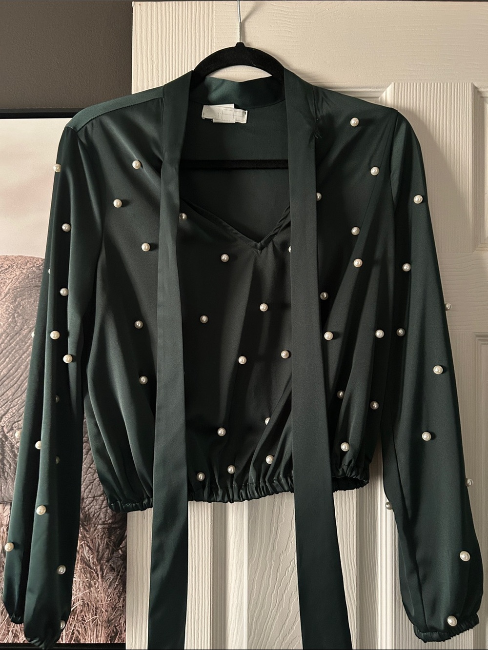 Pearl-Embellished Dark Green V-Neck Tie-Front Women's Top